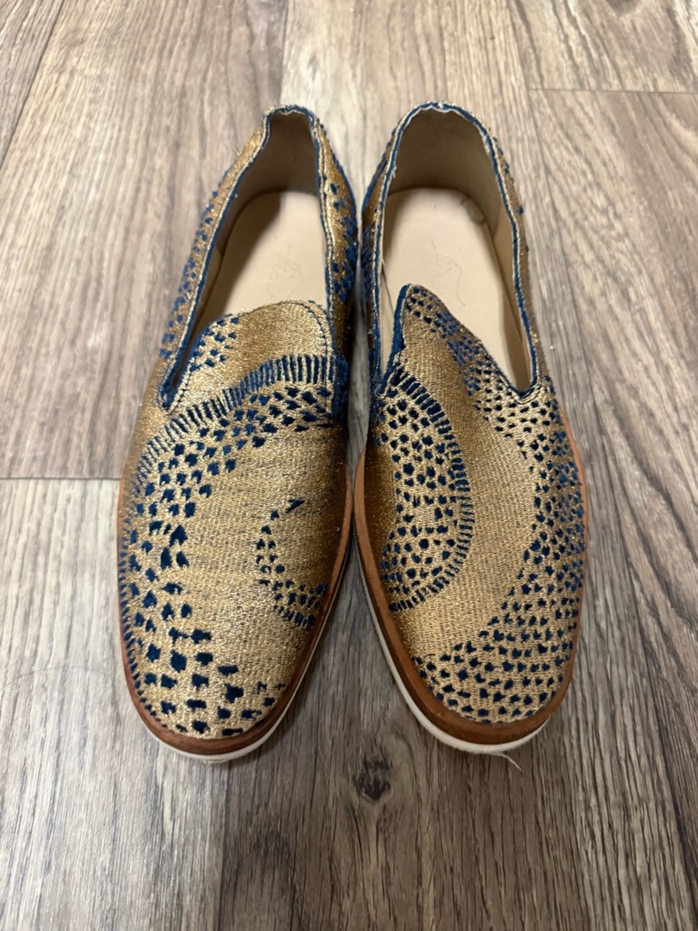 Free People Metallic Gold Slip-On Loafers with Navy Embroidery
